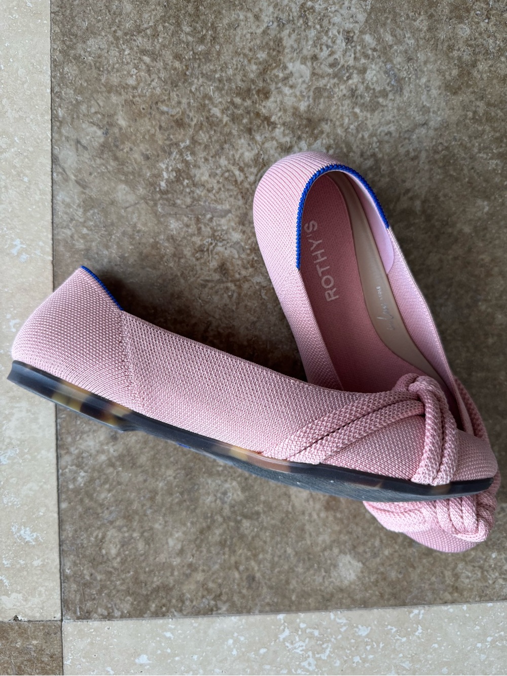 Rothy's Pink Knotted Ballet Flats with Blue Trim - Picture 2 of 2